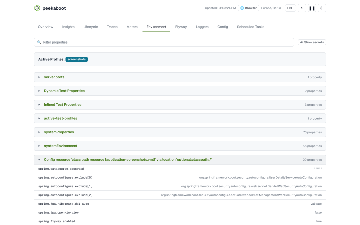 The Environment tab with a property source expanded, its values shown in full except spring.datasource.password, rendered as ******, with a Show secrets toggle above the list