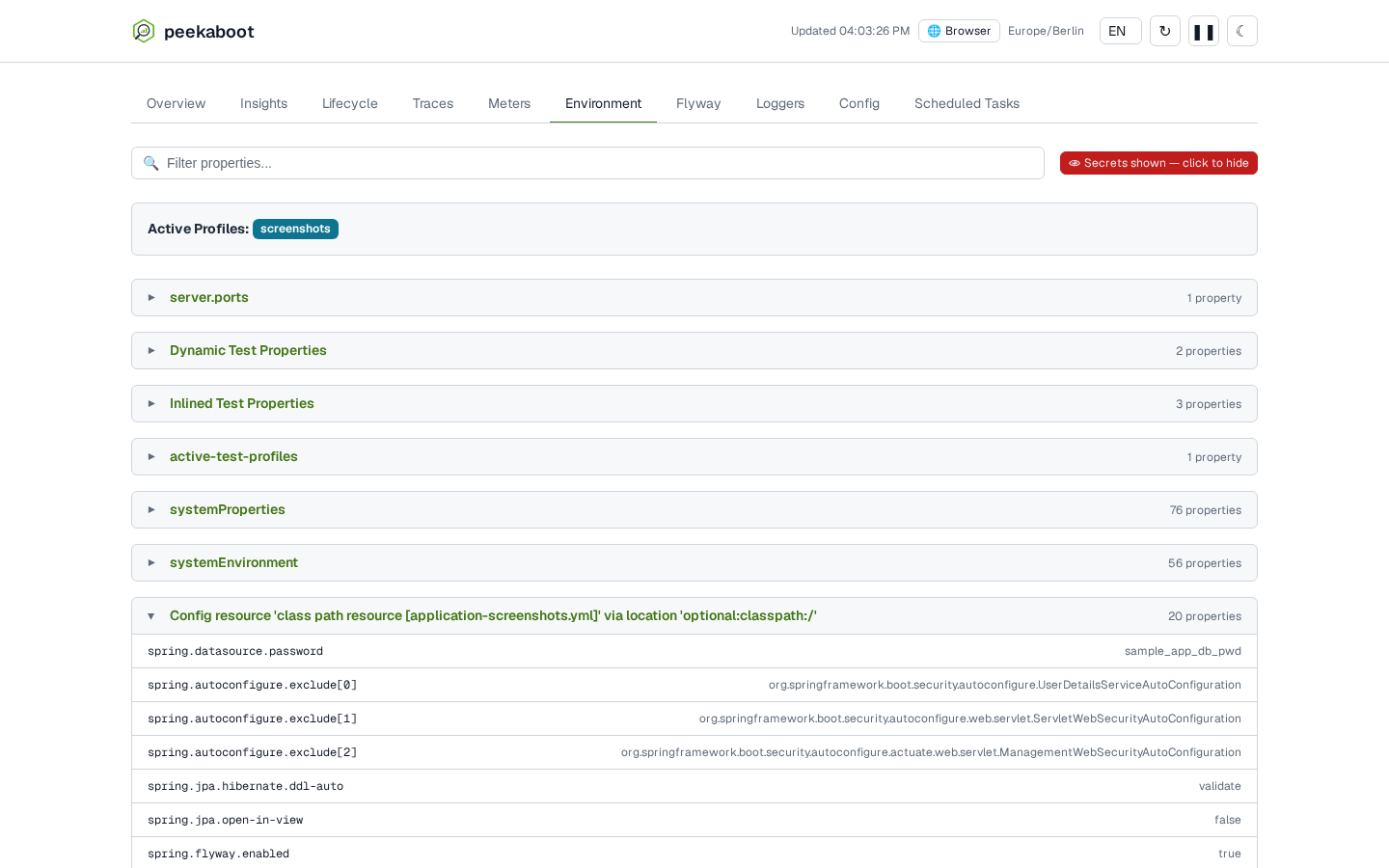 The same property source after clicking Show secrets: spring.datasource.password now rendered as sample_app_db_pwd instead of ******
